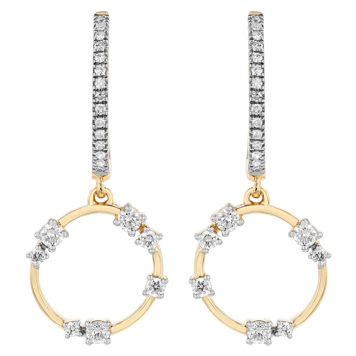 Diamond Scatter Open Circle Dangle Hoop Earrings in Yellow Gold