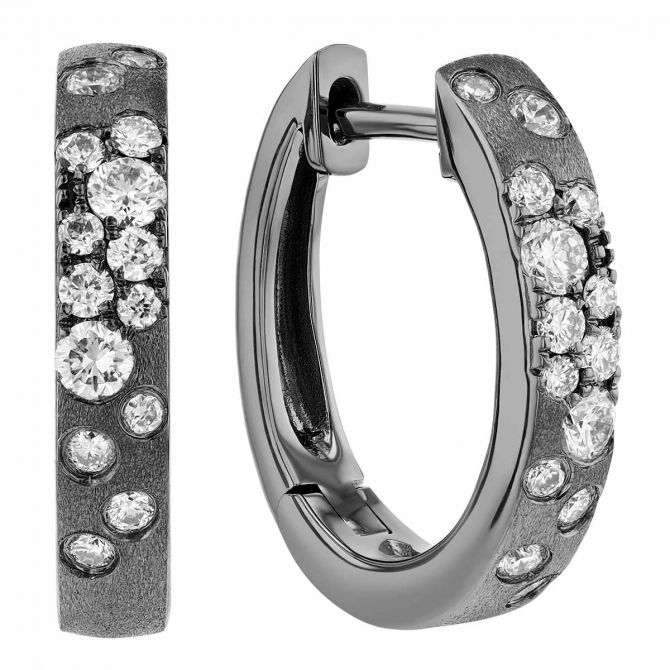 Flush Set Scattered Diamond Huggie Hoop Earrings in Black Rhodium White Gold
