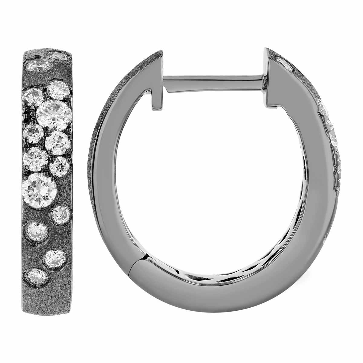 Flush Set Scattered Diamond Huggie Hoop Earrings in Black Rhodium White Gold