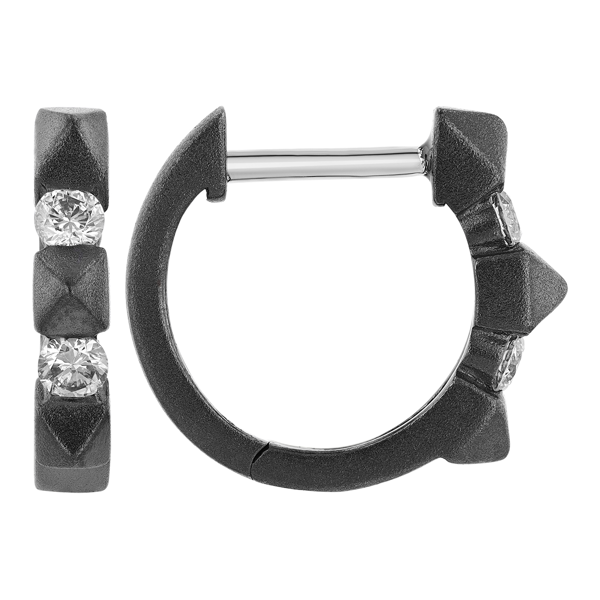 Diamond & Small Spike Pattern Huggie Hoop Earrings in Black Rhodium