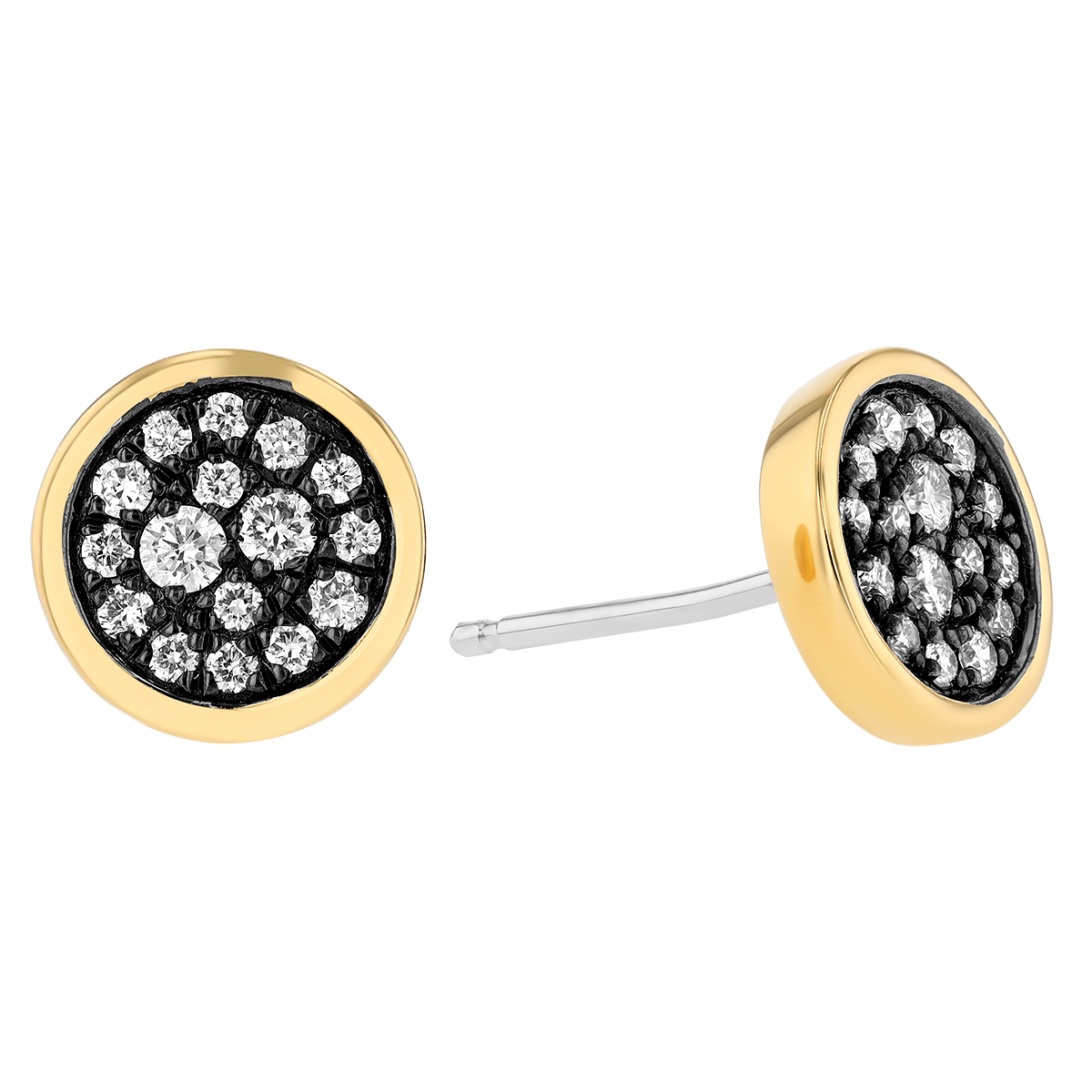 Diamond Pavé Circle Stud Earrings in Black Rhodium & Yellow Gold