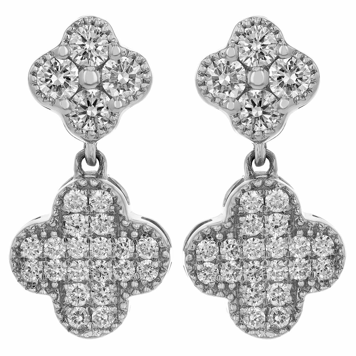 Diamond Pave Double Floral Dangle Earrings in White Gold
