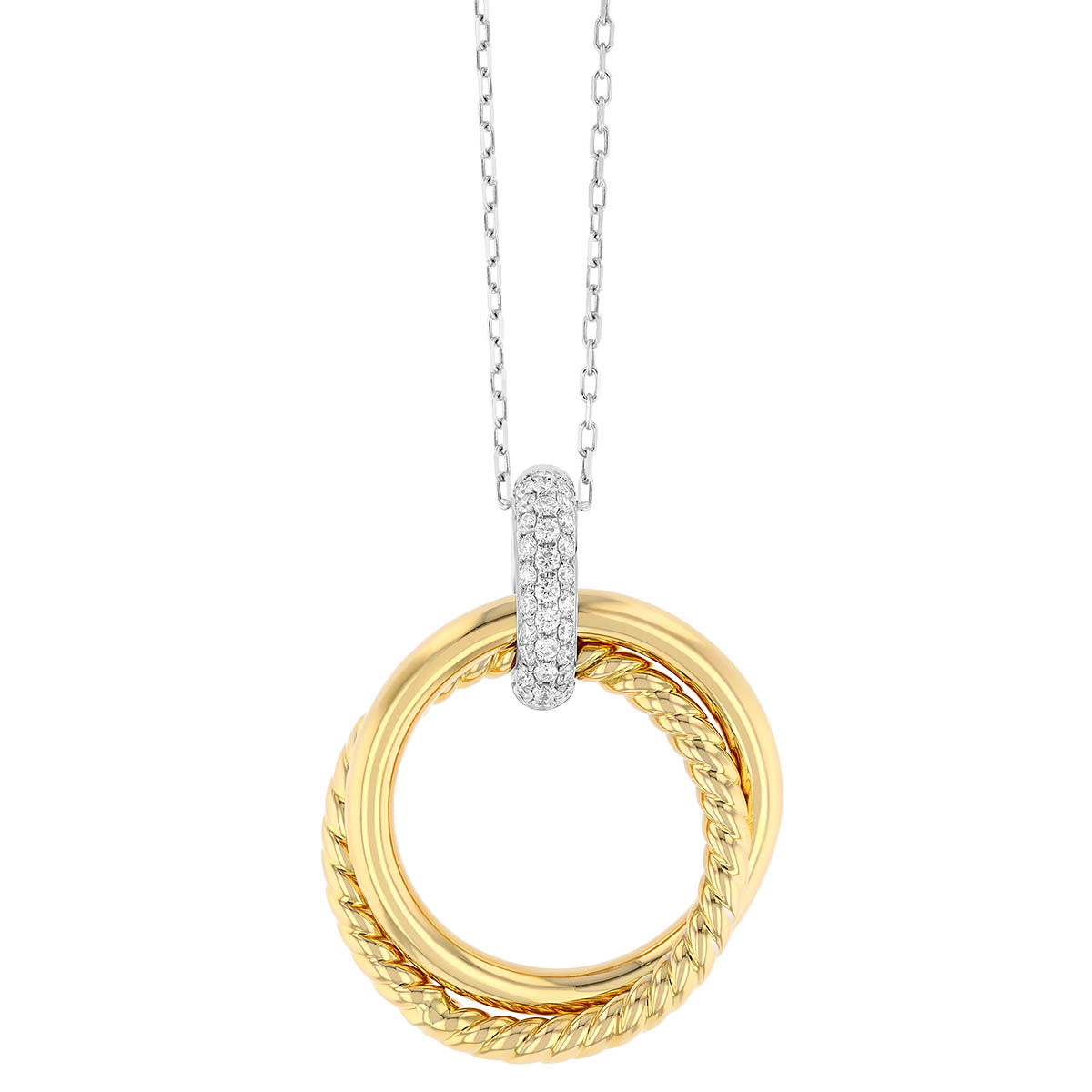 Interlocking Circle Pendant with Diamond Pave Bail in Two Tone, 18