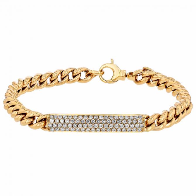Diamond Pave Bar & Curb Link Chain Bracelet in Yellow Gold, 7.25"