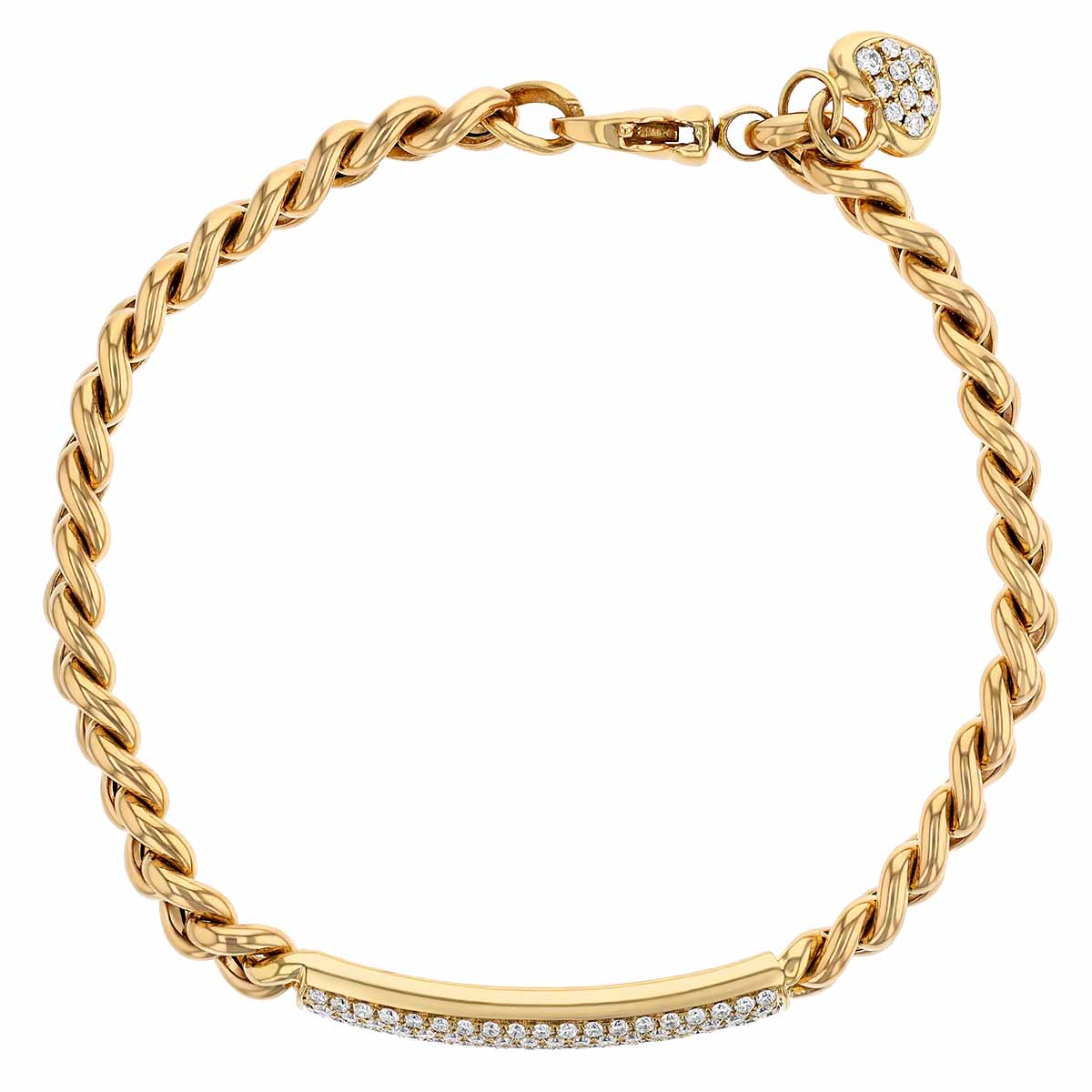 Diamond Pave Bar & Curb Link Chain Bracelet in Yellow Gold, 7.25