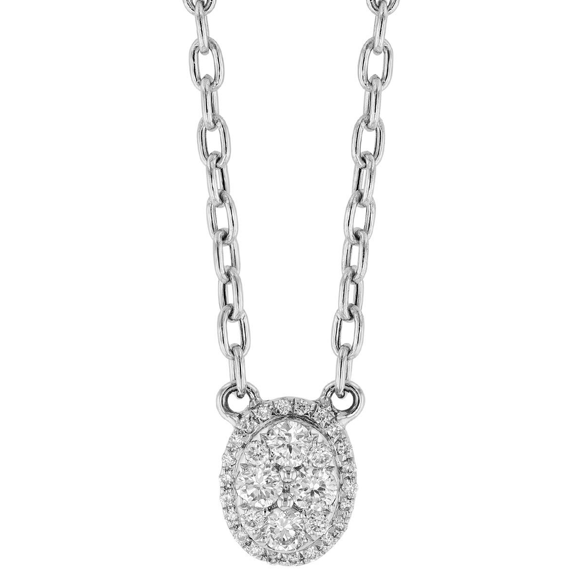 Diamond Oval Cluster & Halo Pendant in White Gold, 17