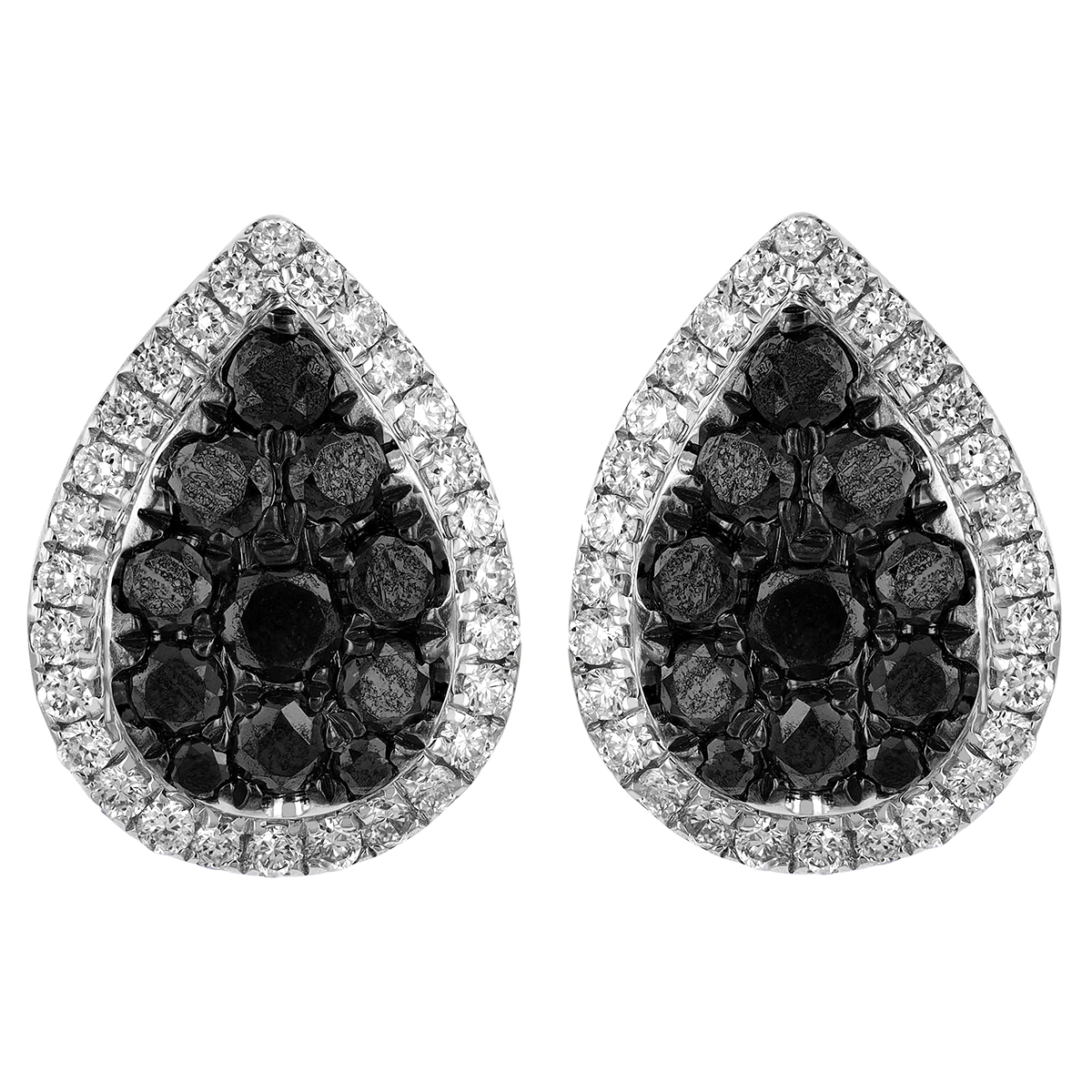 Black Diamond Pear Shaped Pave & White Diamond Halo Stud Earrings in White Gold