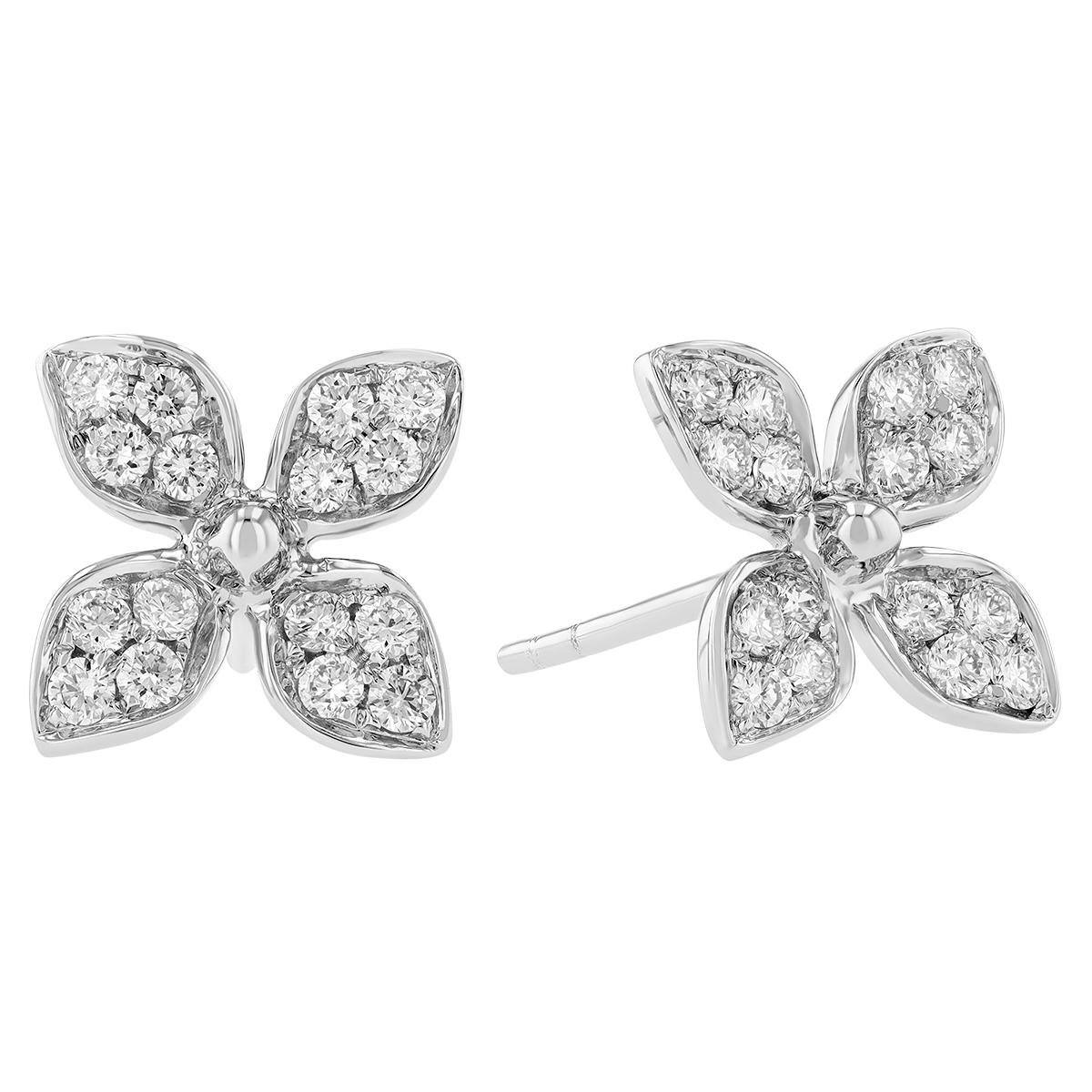 Diamond Pave 4 Petal Flower Stud Earrings in White Gold