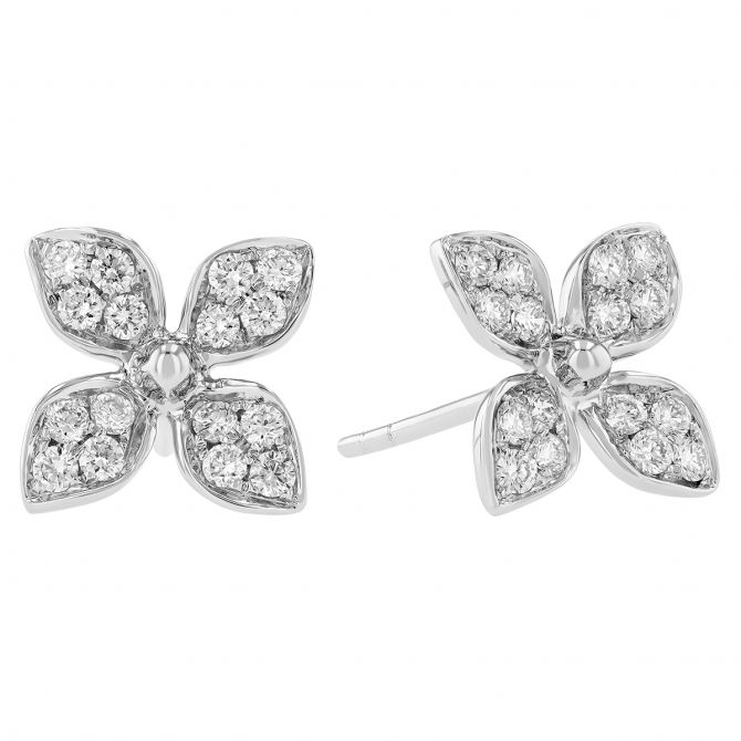 Diamond Pave 4 Petal Flower Stud Earrings in White Gold