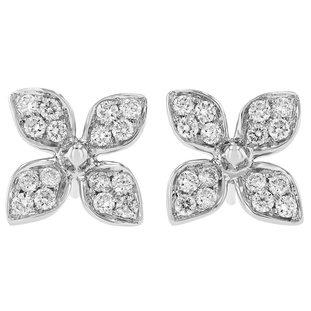 Diamond Pave 4 Petal Flower Stud Earrings in White Gold
