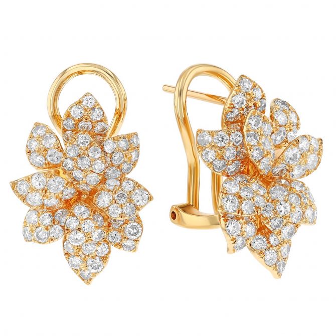 Diamond Pavé Flower Petal Drop Earrings in Yellow Gold