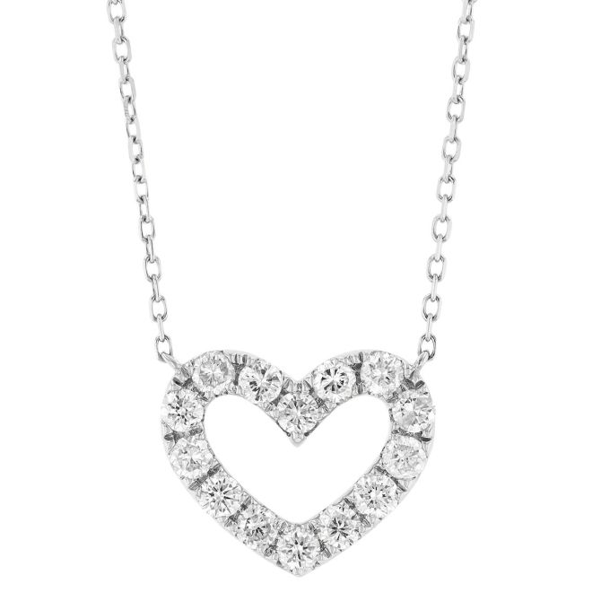 Diamond Open Heart Pendant in White Gold, 16"