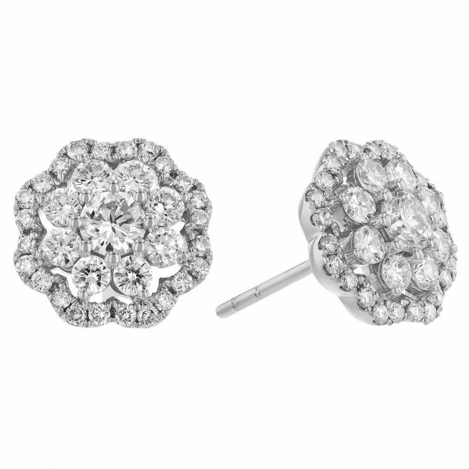 Diamond Floral Cluster Stud Earrings in White Gold
