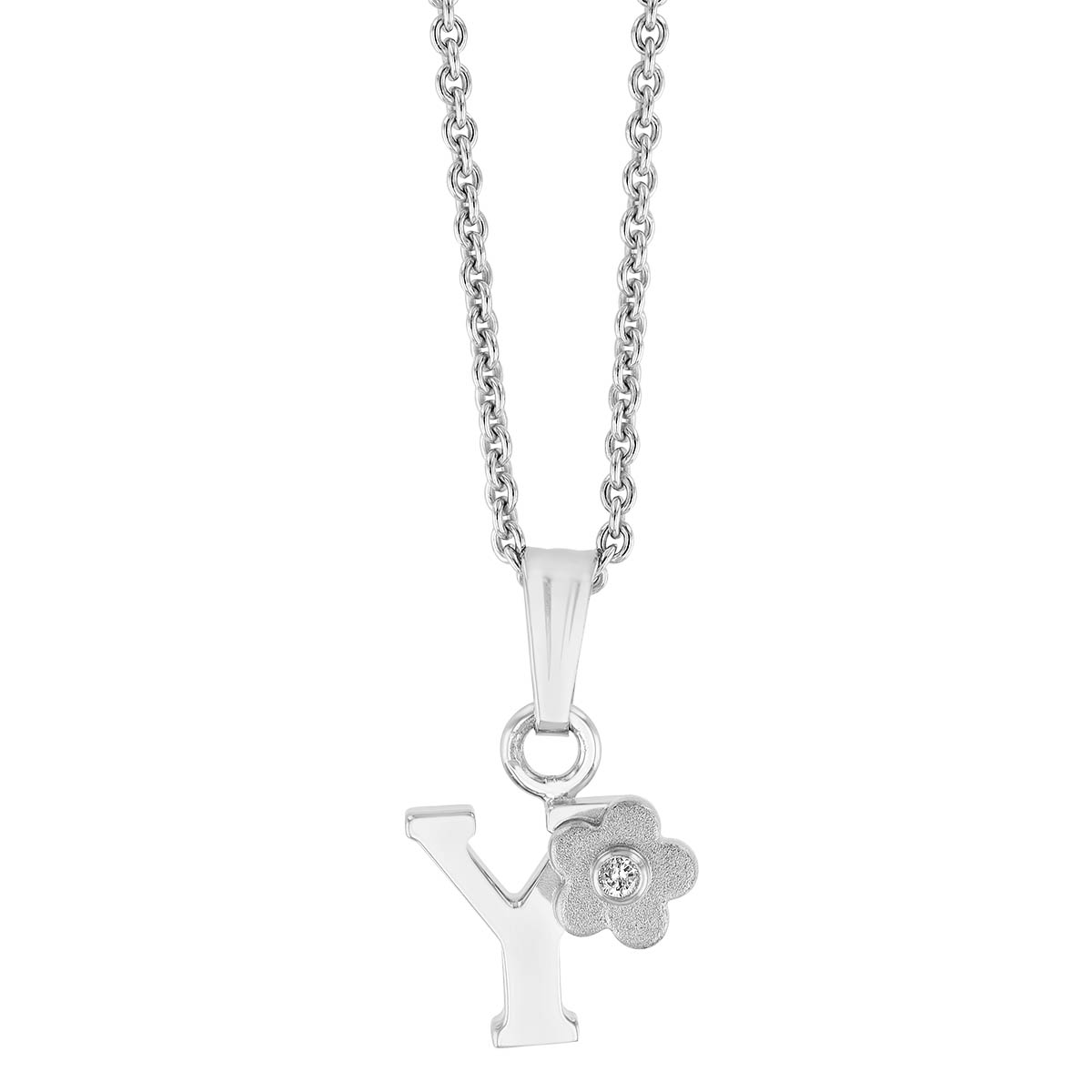 Children's Sterling Silver Diamond Flower Initial Y Pendant, 15