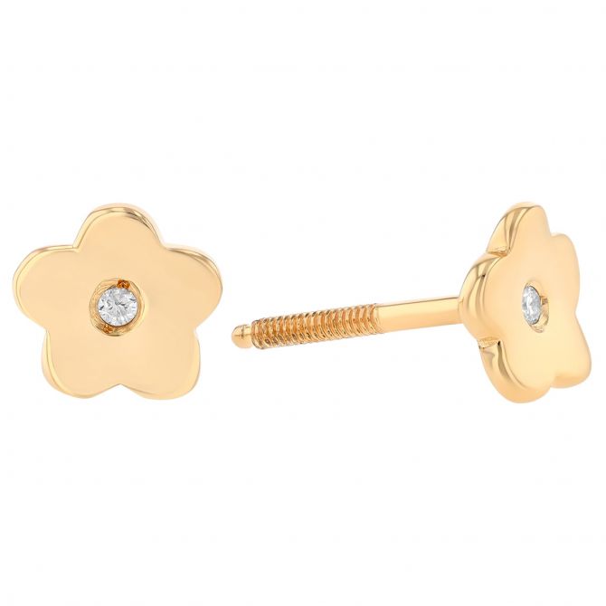 Children's Flush Set Diamond Flower Stud Earrings in Yellow Gold