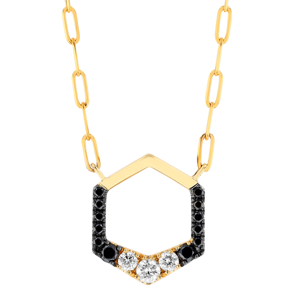 Frederic Sage Black & White Diamond Open Hexagon Necklace in Yellow Gold