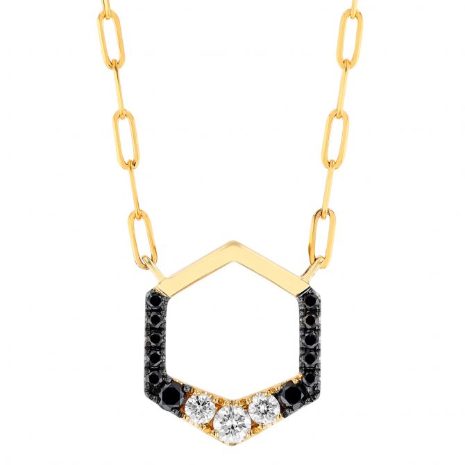 Frederic Sage Black & White Diamond Open Hexagon Necklace in Yellow Gold
