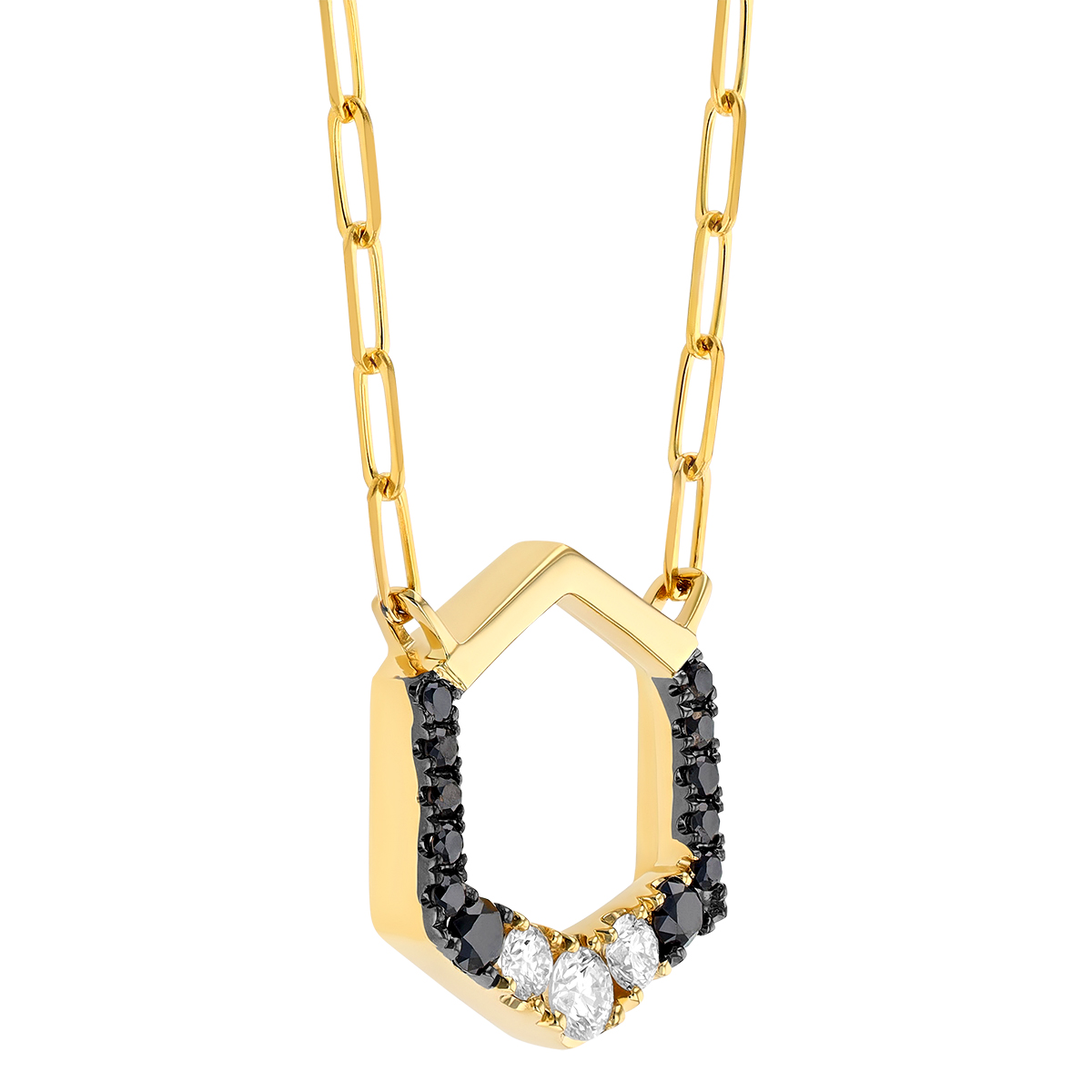 Frederic Sage Black & White Diamond Open Hexagon Necklace in Yellow Gold