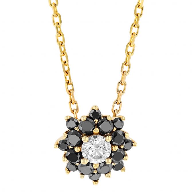 Frederic Sage Lumina Black & White Diamond Flower Necklace in Yellow Gold, 18"