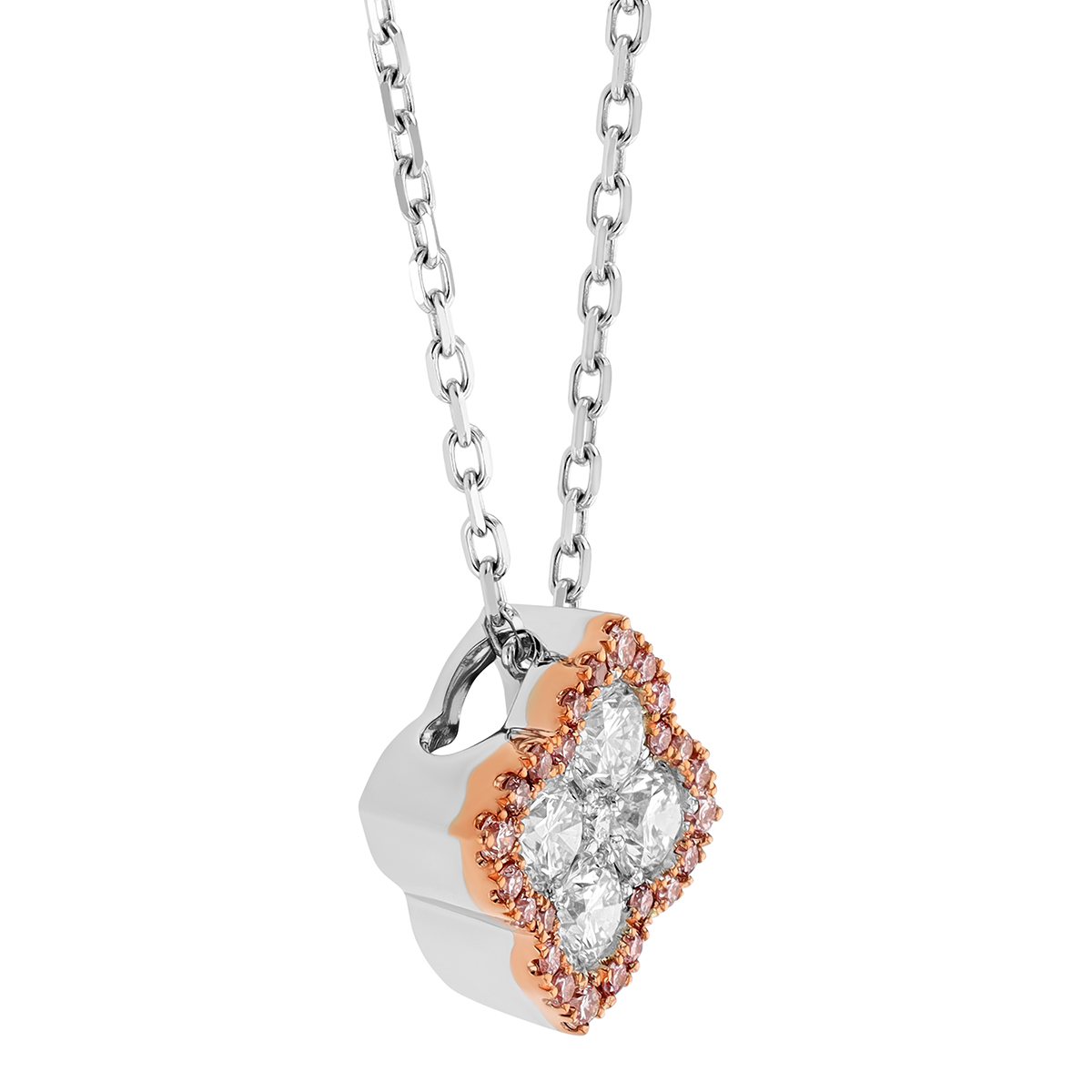 Frederic Sage Fleur D'Amour White & Fancy Pink Diamond Quatrefoil Pendant in Rose & White Gold, 18