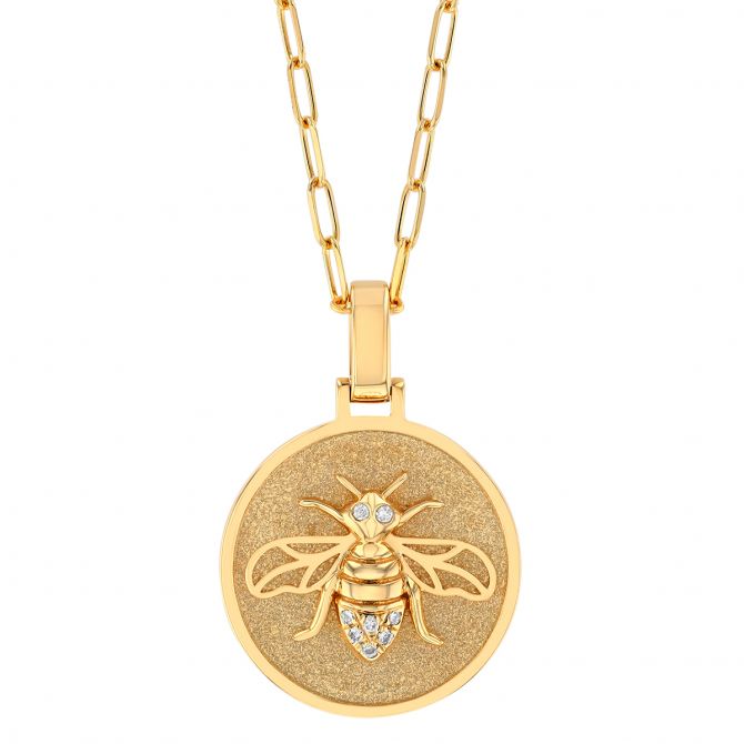 Frederic Sage Bee Diamond Disc Pendant in Matte Yellow Gold, 18"