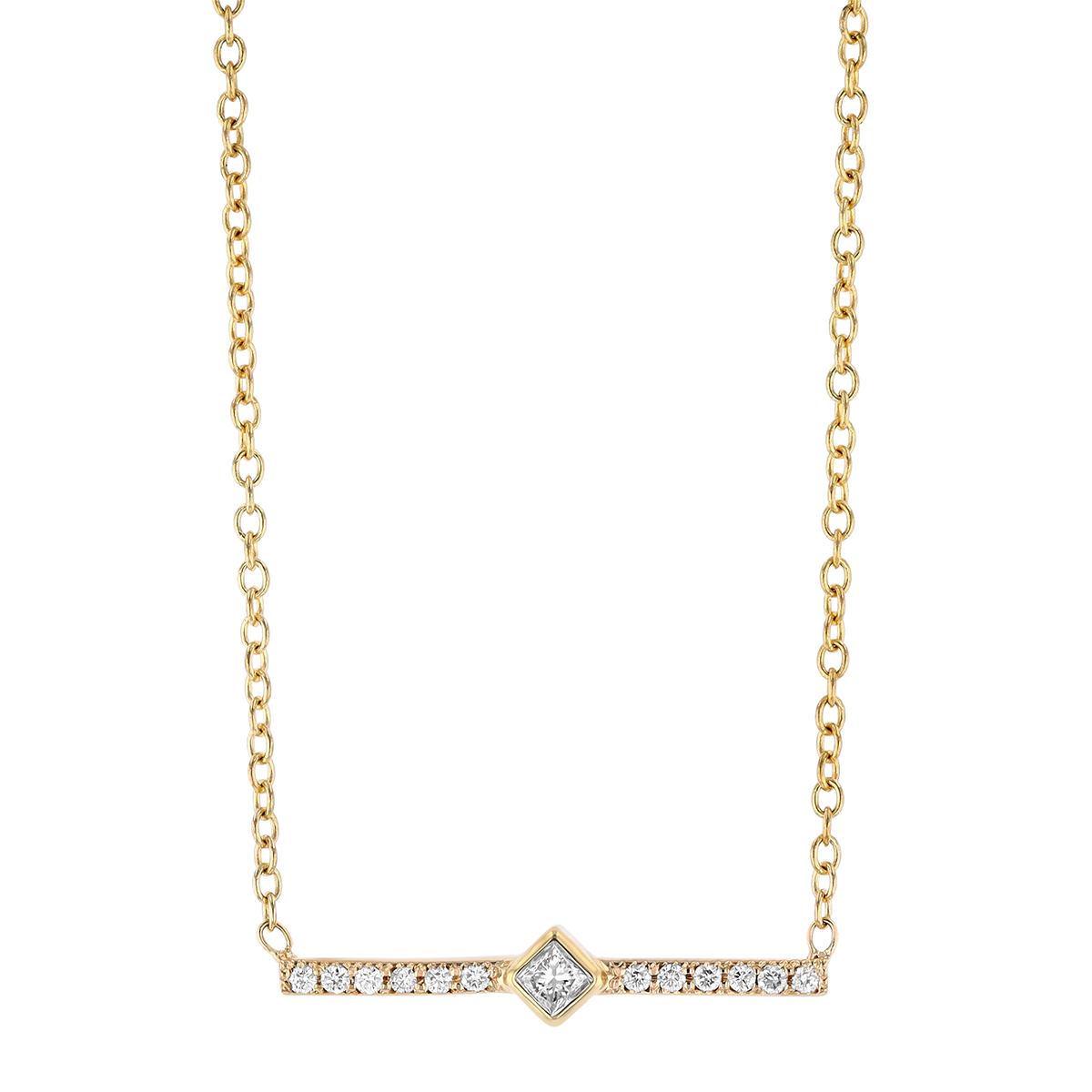 Zoe Chicco Princess Cut Diamond Bezel & Diamond Bar Necklace in Yellow Gold, 16