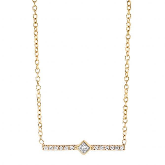 Zoe Chicco Princess Cut Diamond Bezel & Diamond Bar Necklace in Yellow Gold, 16"