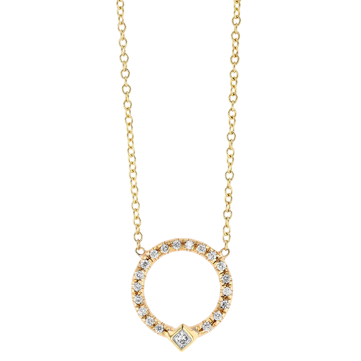Zoe Chicco Princess Cut Diamond Bezel & Diamond Circle Necklace in Yellow Gold, 16