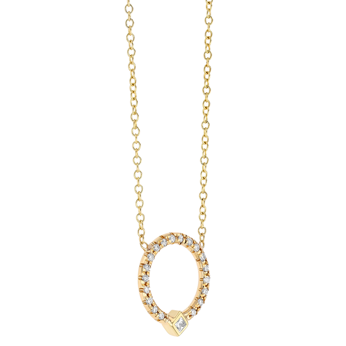 Zoe Chicco Princess Cut Diamond Bezel & Diamond Circle Necklace in Yellow Gold, 16