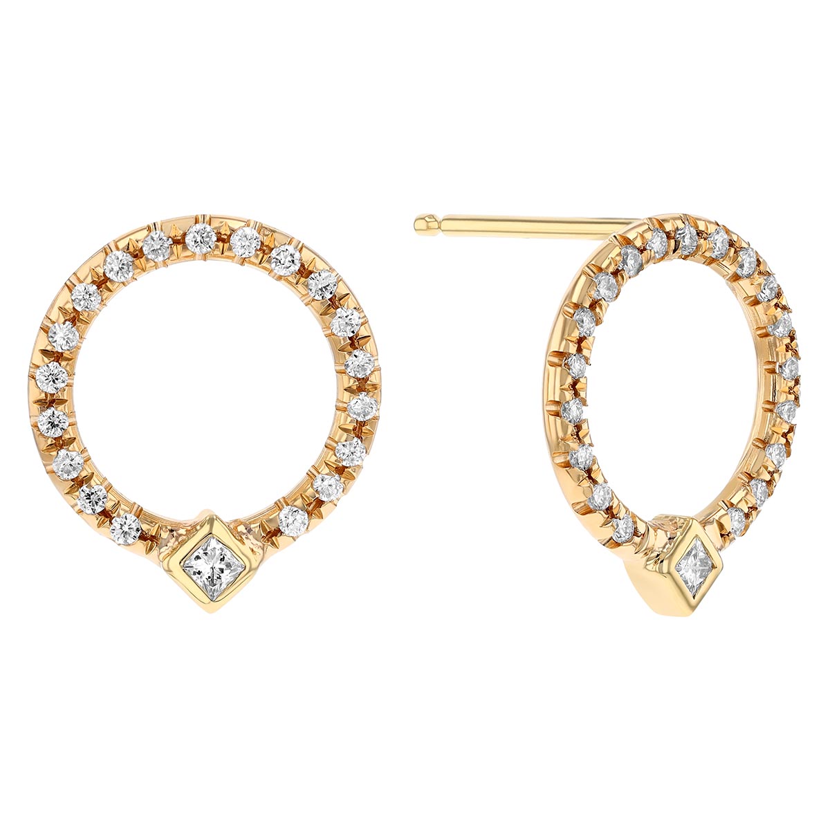 Zoe Chicco Princess Cut Diamond & Pave Open Circle Drop Earrings in Yellow Gold
