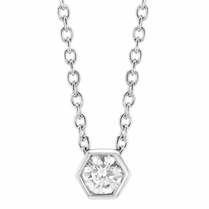 Hexagon Diamond Bezel Set Solitaire Pendant in White Gold, 16"