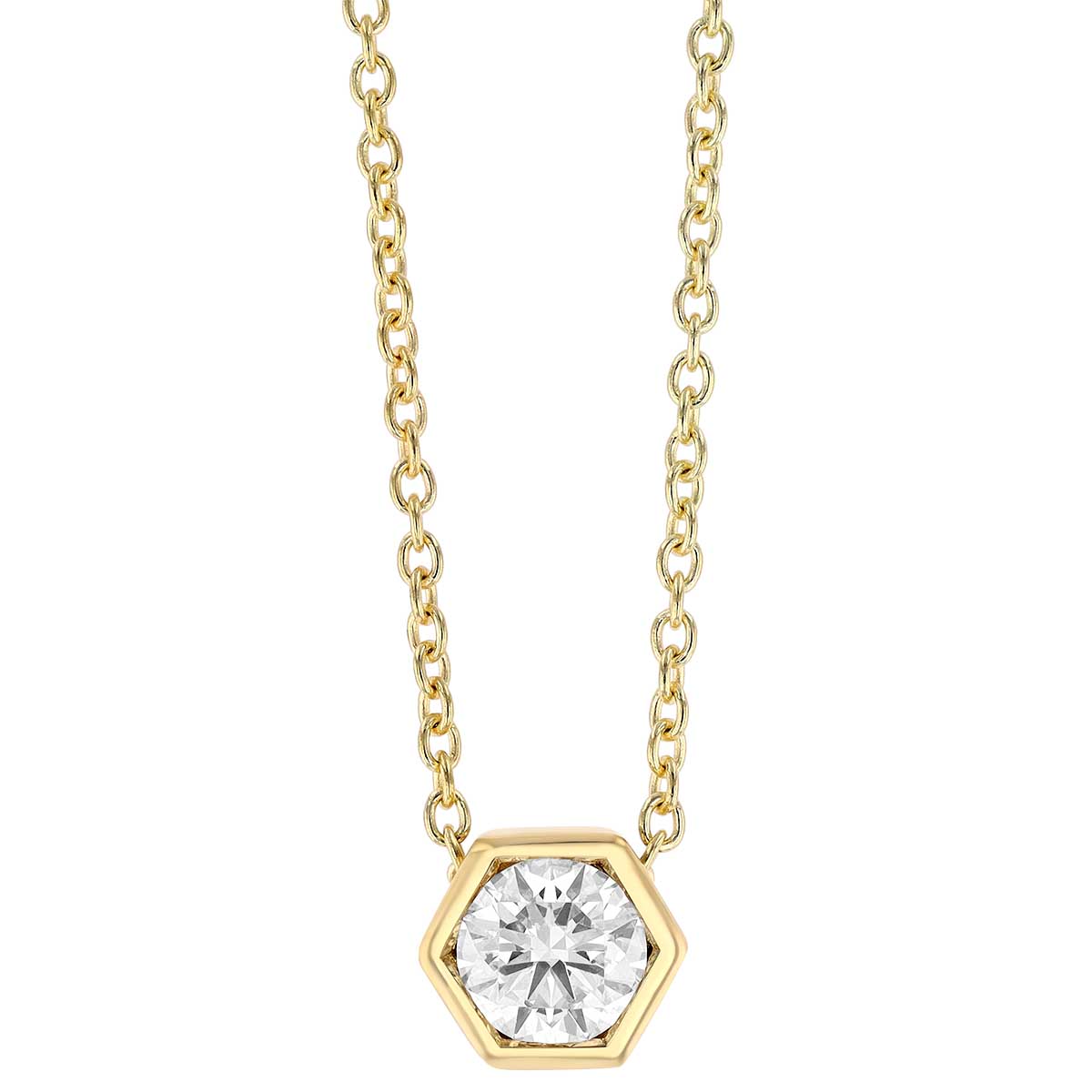 Round Diamond Hexagon Pendant in Yellow Gold, 16