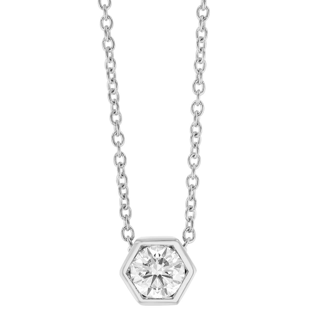 Round Diamond Hexagon Pendant in White Gold, 16