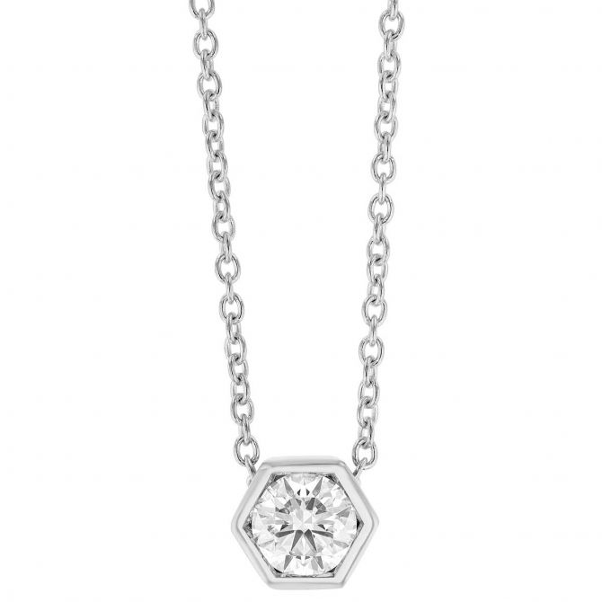 Round Diamond Hexagon Pendant in White Gold, 16", 0.40 cttw