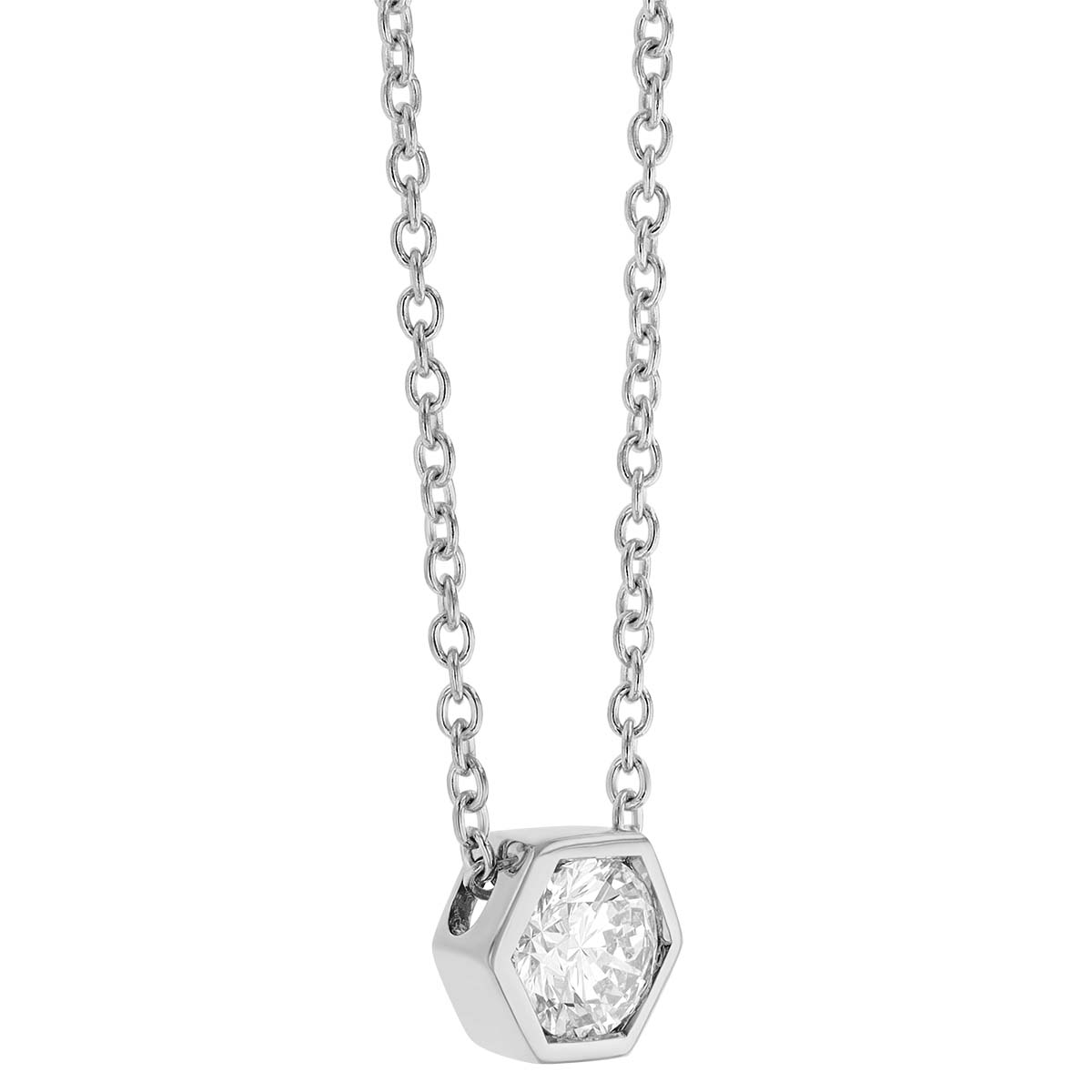 Round Diamond Hexagon Pendant in White Gold, 16