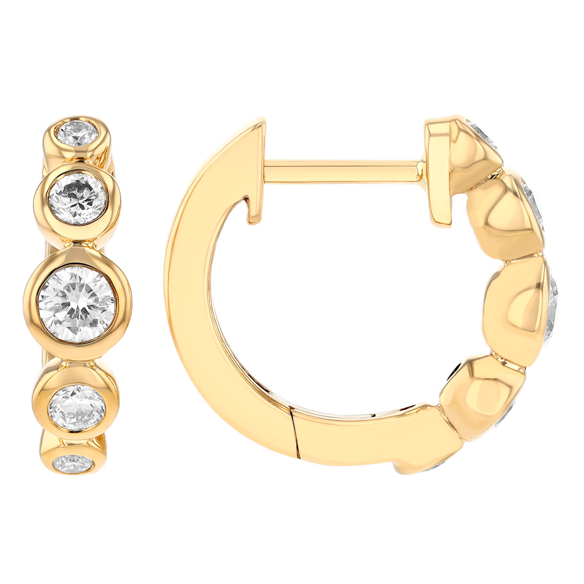 Graduated Bezel Set Diamond Huggie Hoop Earrings in Yellow Gold