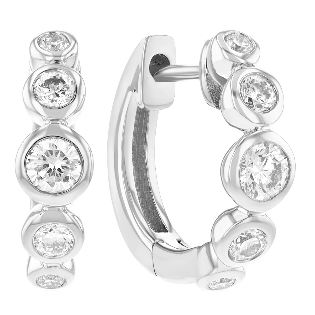 Graduated Bezel Set Diamond Huggie Hoop Earrings in White Gold