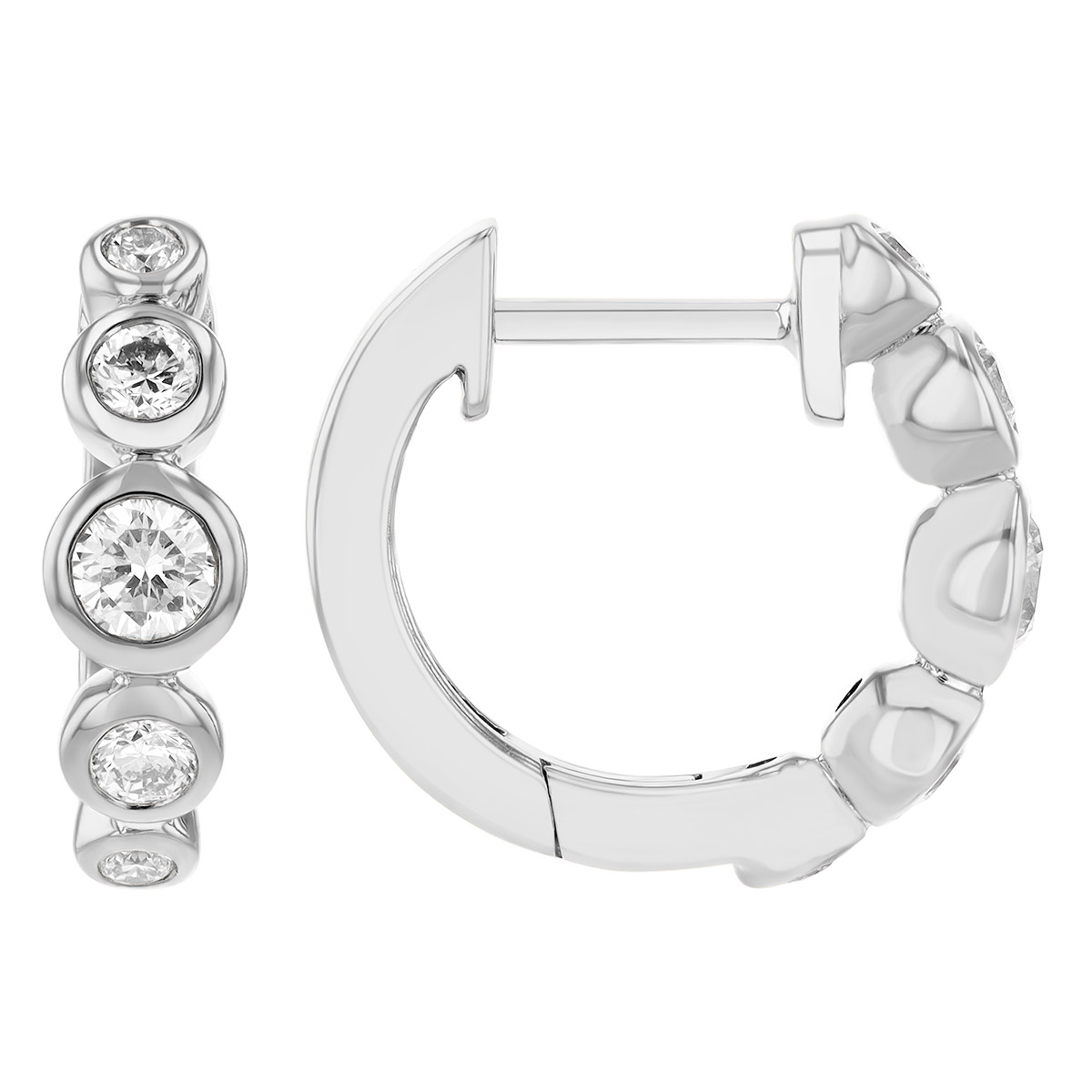 Graduated Bezel Set Diamond Huggie Hoop Earrings in White Gold