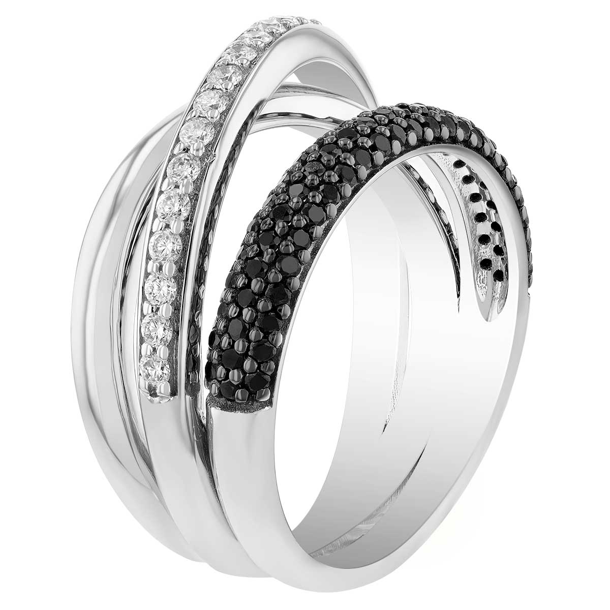 Black & White Diamond Pavé Crossover Ring in White Gold