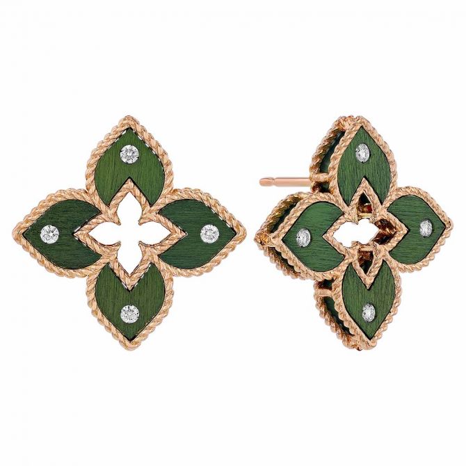 Roberto Coin Venetian Princess Green Titanium Diamond Flower Stud Earrings in Rose Gold 7773522AXERX Borsheims