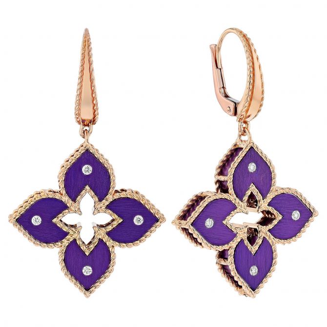 Roberto Coin Venetian Princess Purple Titanium & Diamond Flower Dangle Earrings in Rose Gold