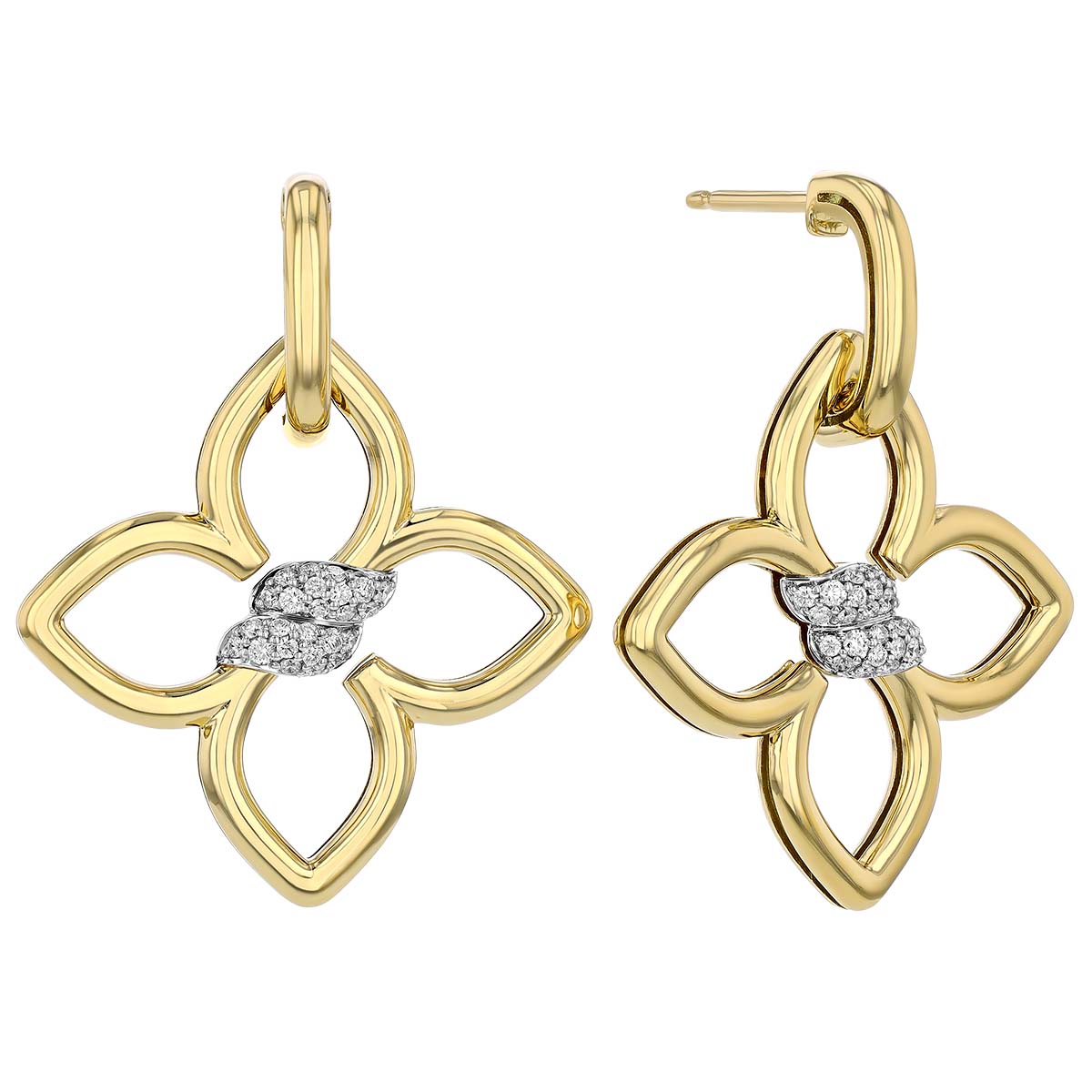 Roberto Coin Cialoma Diamond Pav Twist Flower Dangle Hoop Earrings in Yellow Gold