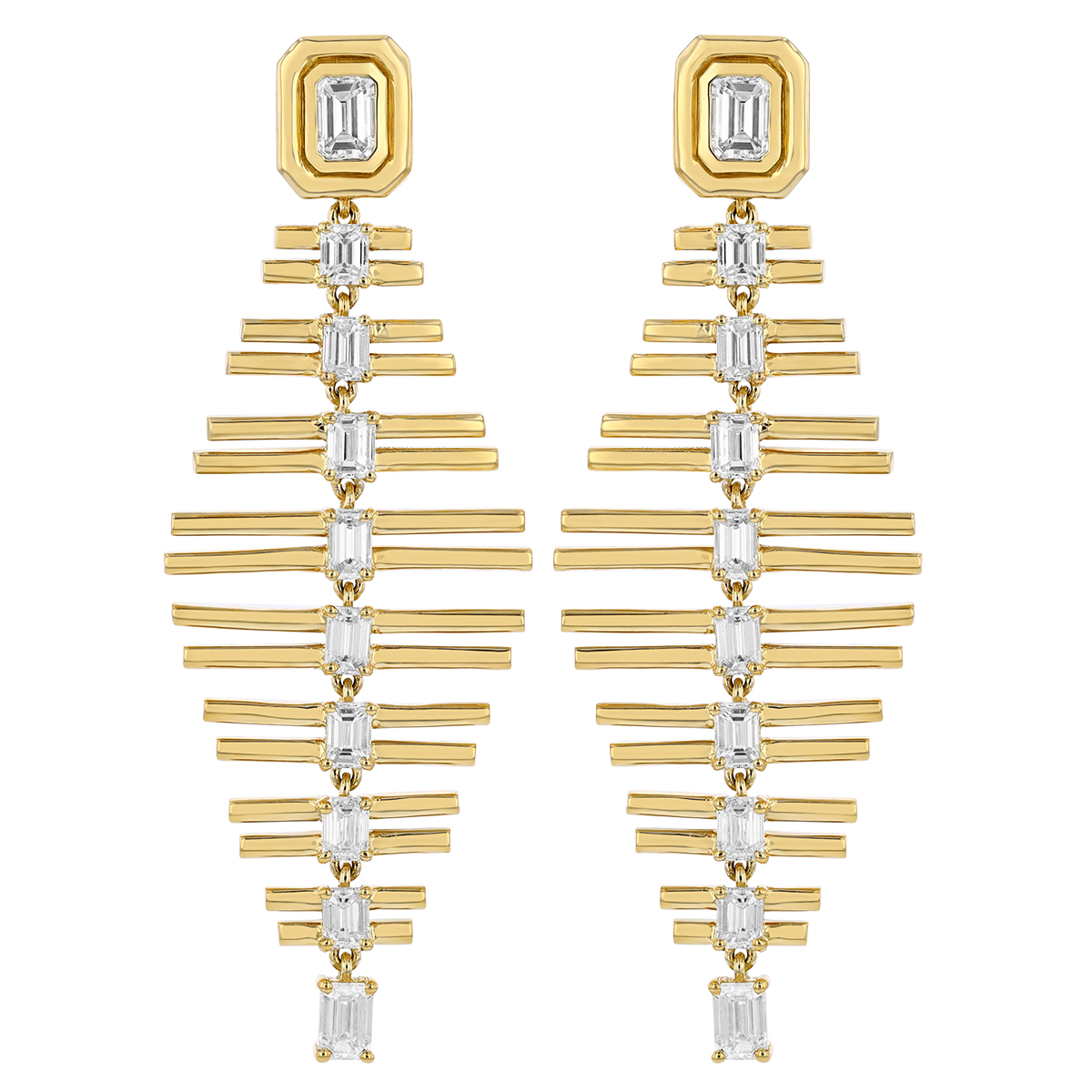 Emerald Cut Diamond Column & Yellow Gold Geometric Dangle Earrings