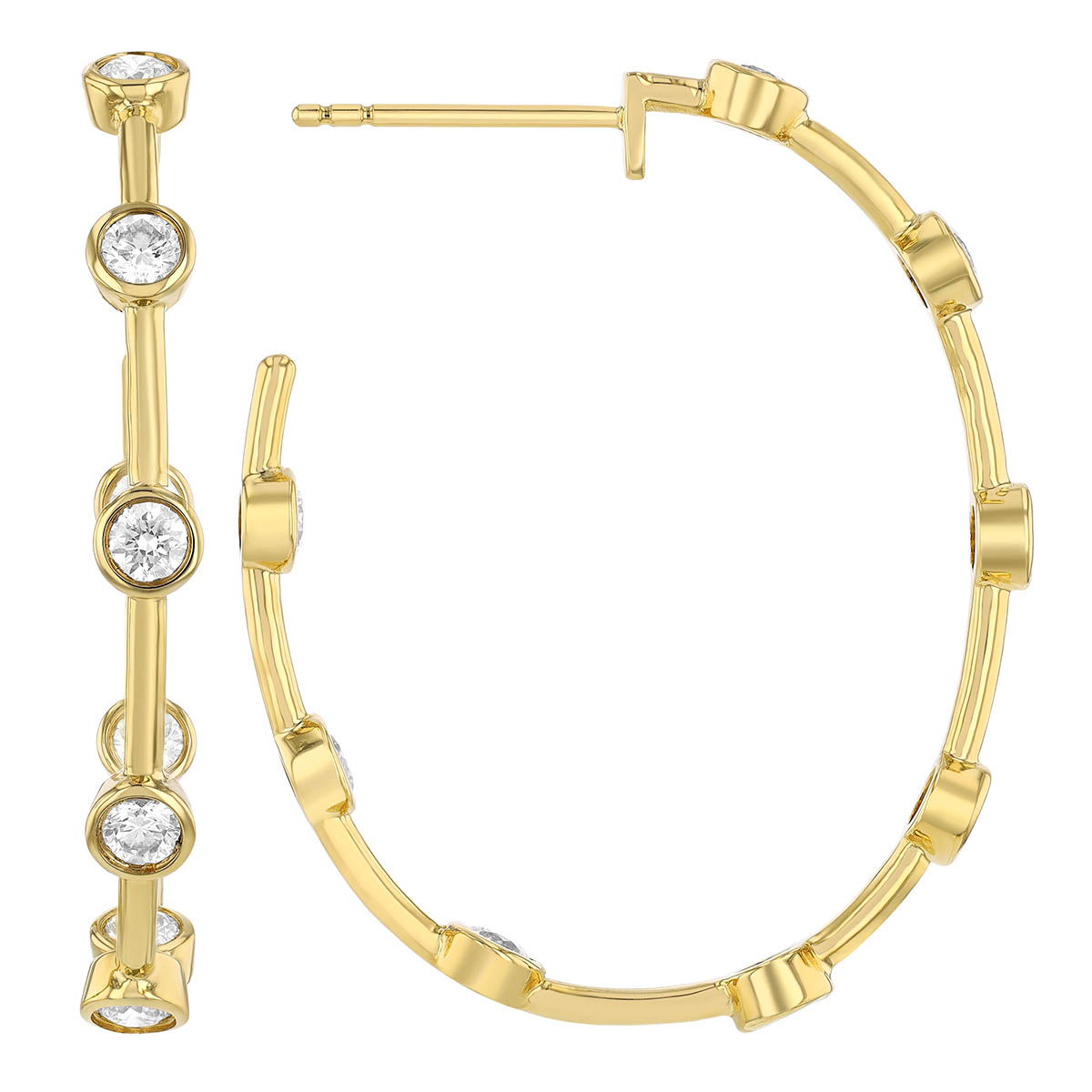 Bezel Set Diamond Station Inside Out Hoop Earrings Yellow Gold