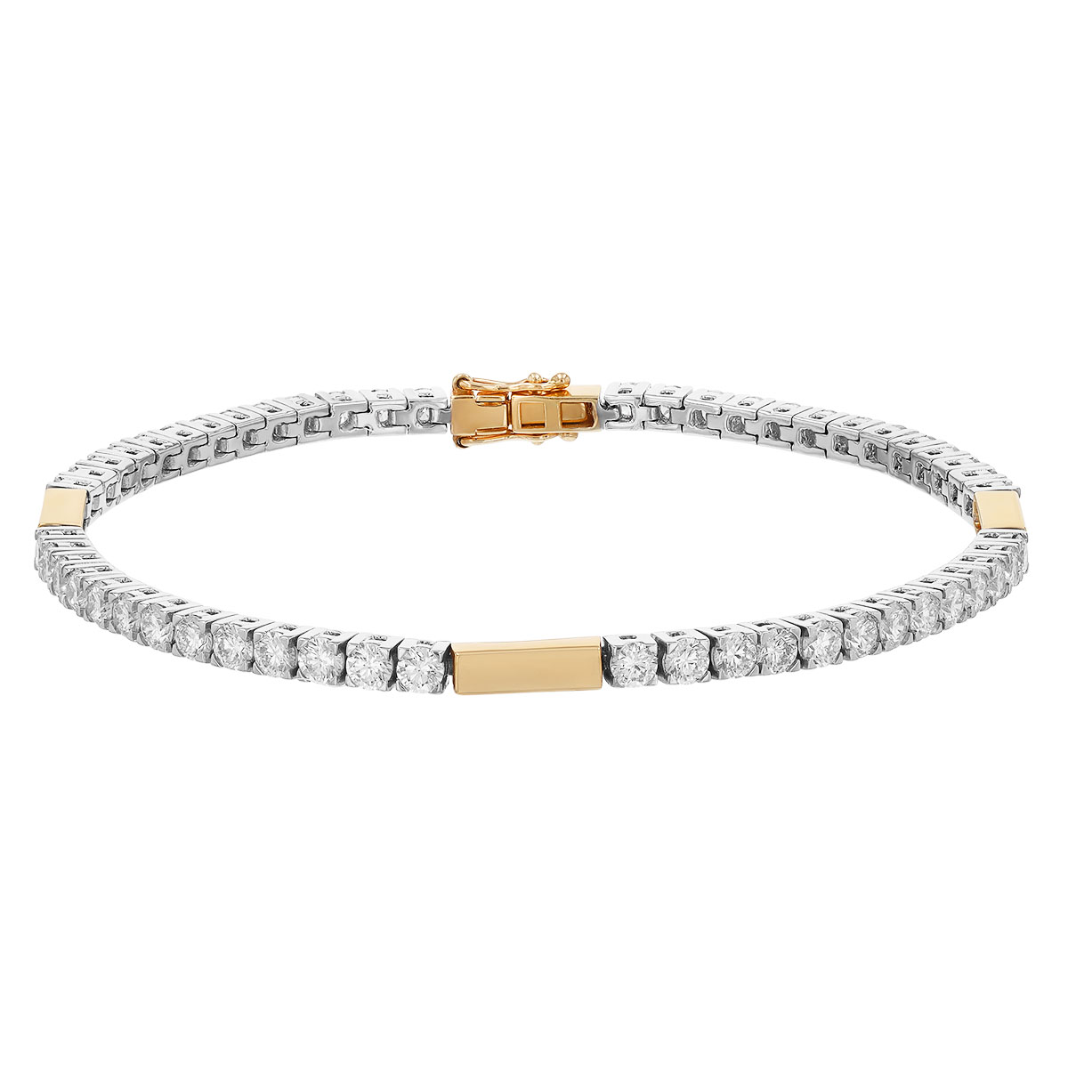 Round Diamond 4-Prong Tennis Bracelet in White Gold with Yellow Gold Bar Stations, 7