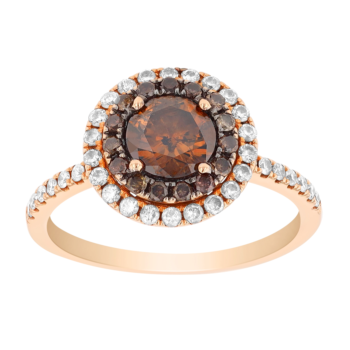 Brown & White Diamond Double Halo Ring in Rose Gold