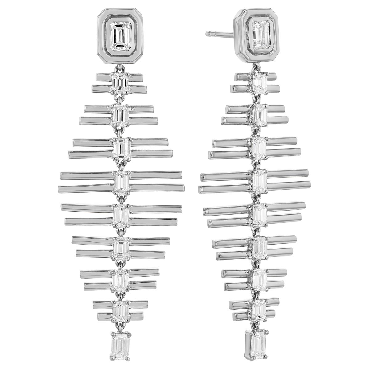 Emerald Cut Diamond Column & White Gold Geometric Dangle Earrings