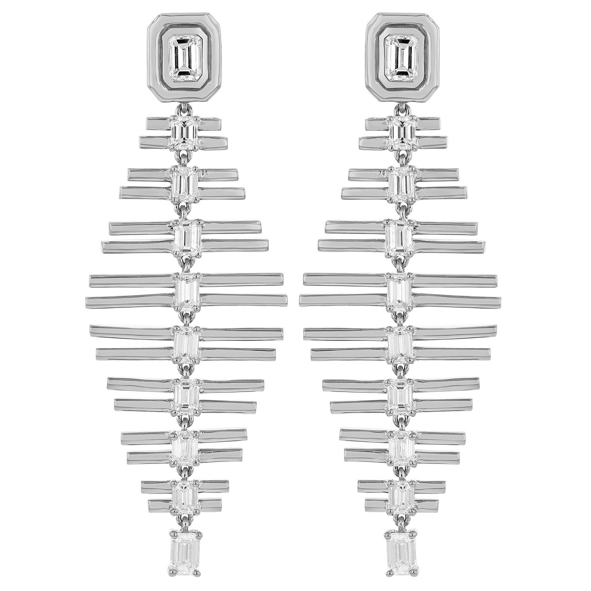 Emerald Cut Diamond Column & White Gold Geometric Dangle Earrings