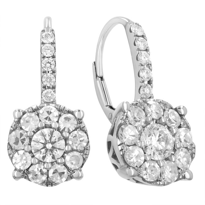 Round Diamond & Halo Drop Earrings in White Gold, 1.78 cttw