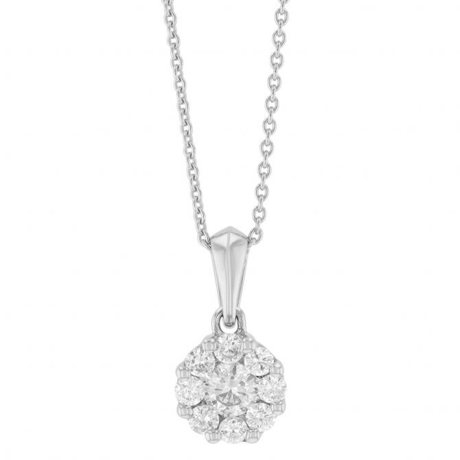 Round Diamond & Halo Pendant in White Gold, 18", 0.40 cttw